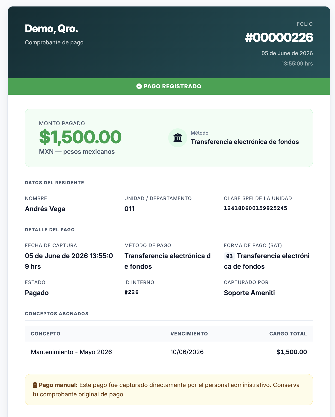 Detalle de pago en Ameniti