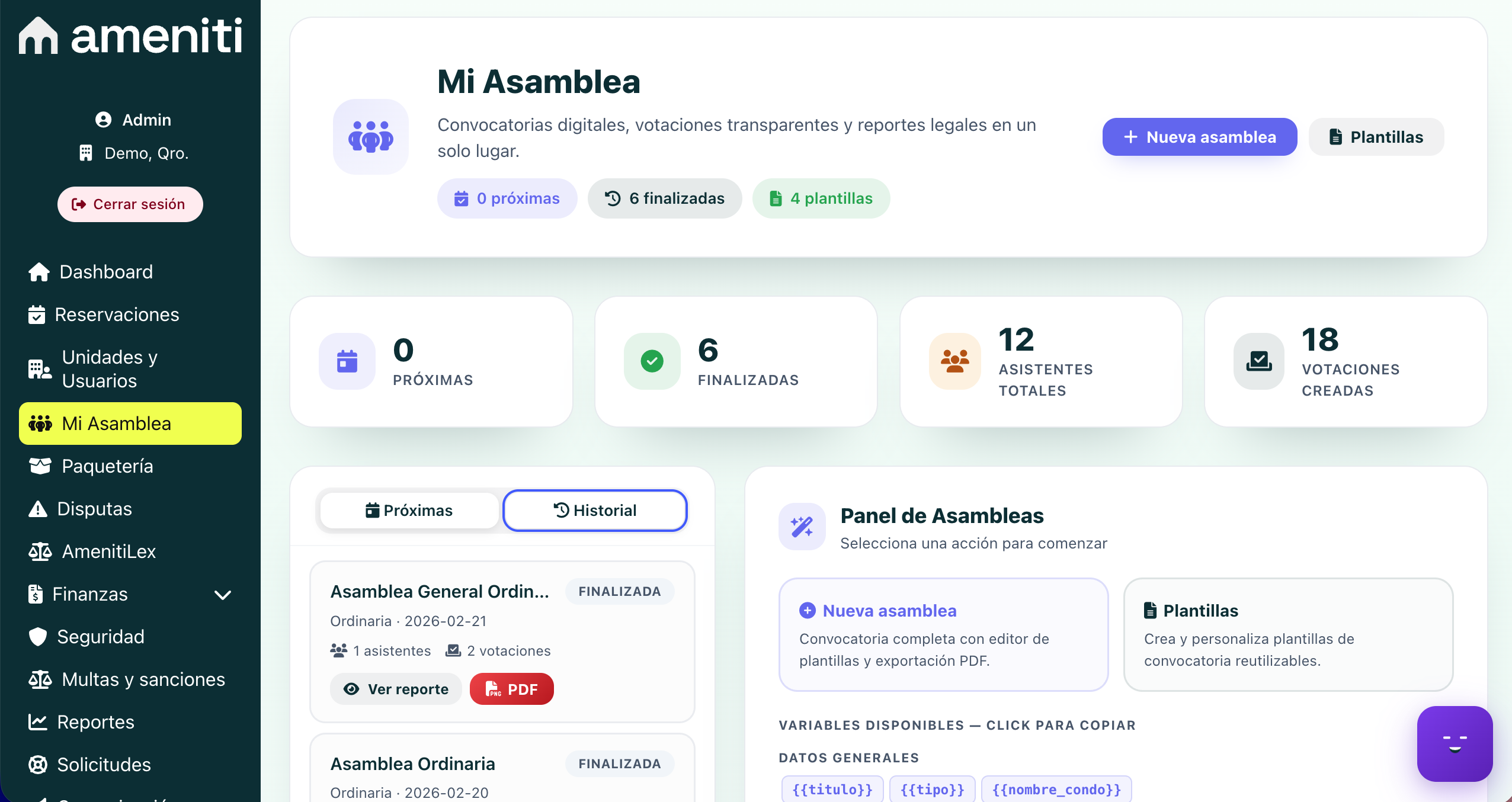 Panel de control de asamblea